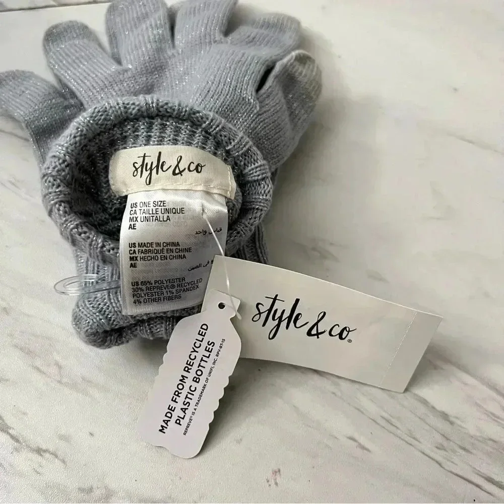 Style & Co Gloves Kitted Gray Grey With Silver Tone Treads Tech Tip One Size O/S